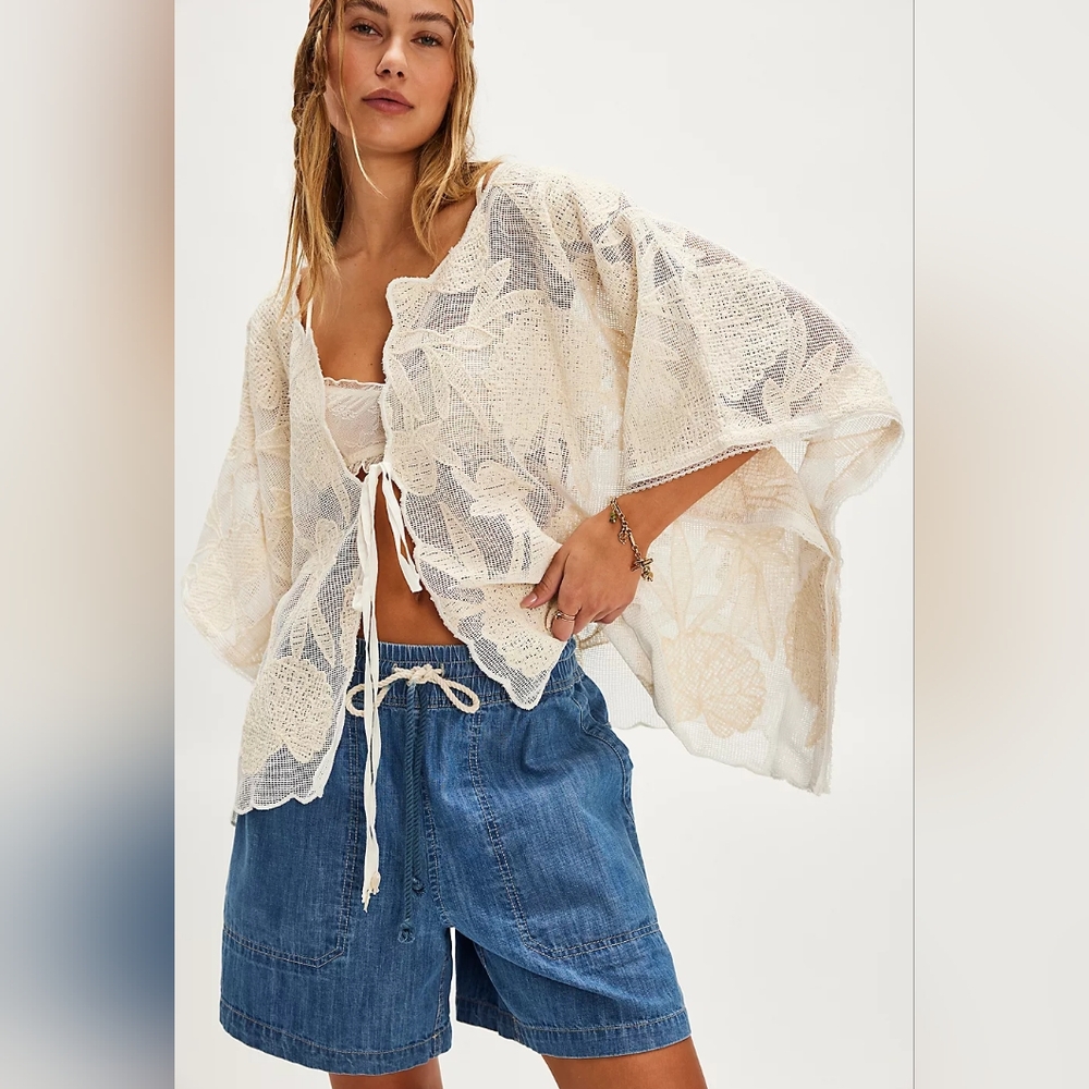 Free People Cream Lace Kimono Top